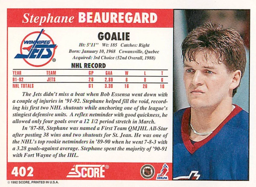 1992-93 Score - Stephane Beauregard #402