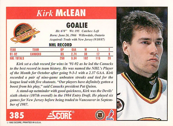 1992-93 Score - Kirk McLean #385