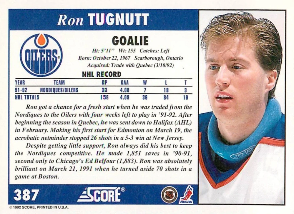 1992-93 Score - Ron Tugnutt #387