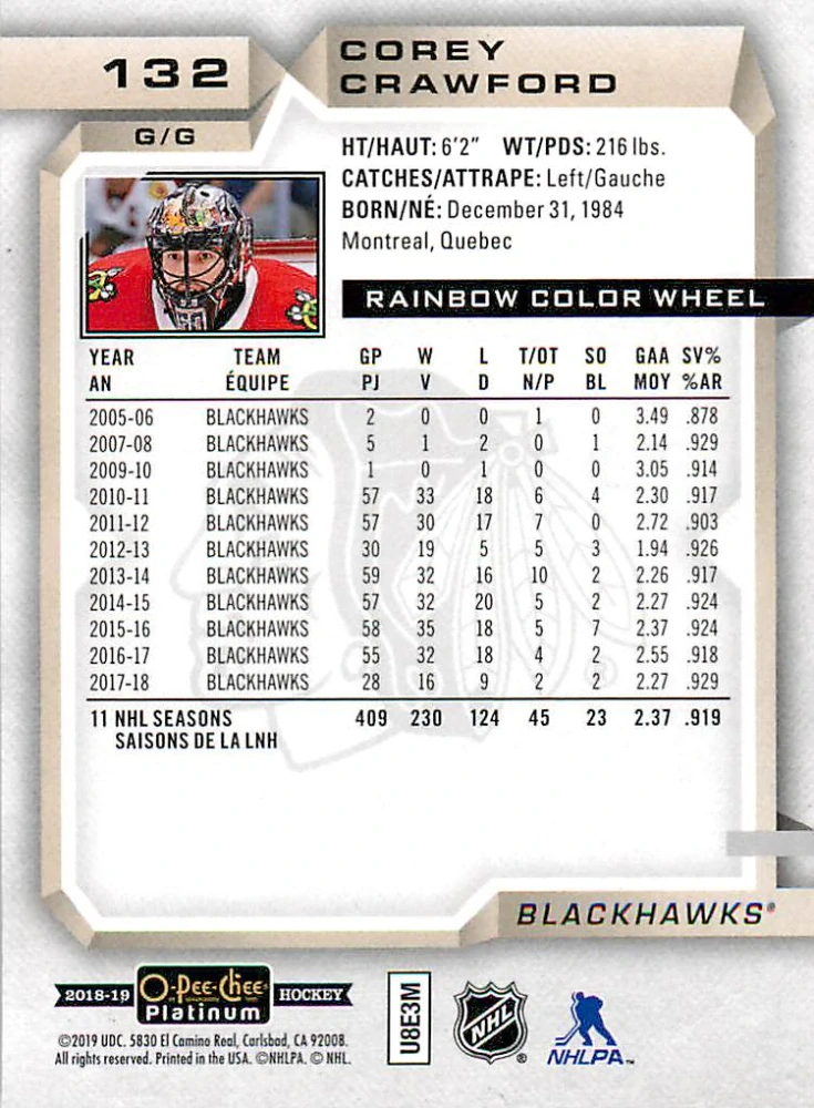 2018-19 UD O-Pee-Chee Platinum - Corey Crawford - Rainbow Color Wheel #132
