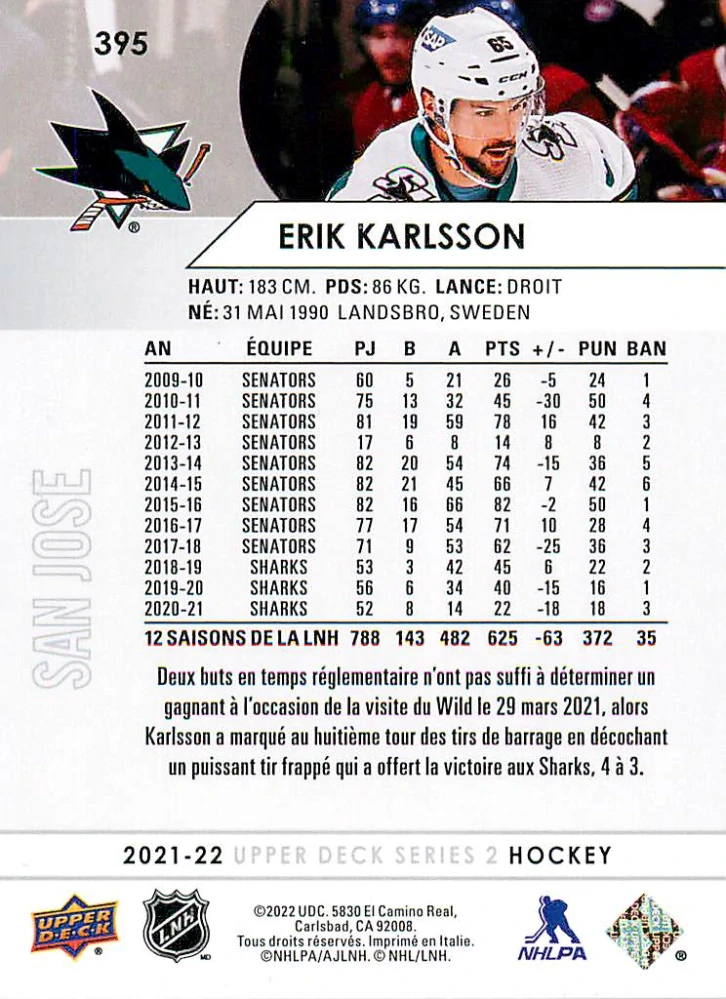 2021-22 UD Series 2 - Erik Karlsson - French #395