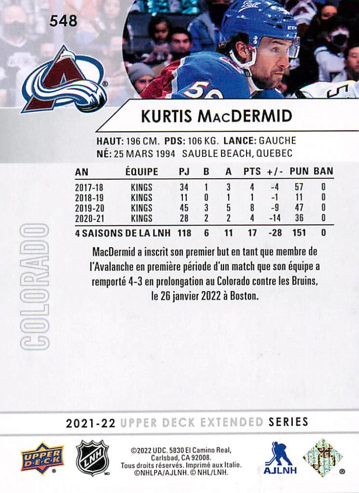 2021-22 UD Extended Series - Kurtis MacDermid - French #548