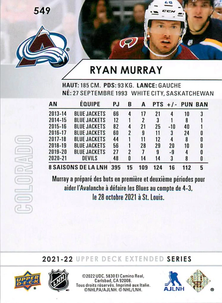 2021-22 UD Extended Series - Ryan Murray - French #549