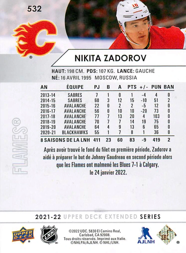 2021-22 UD Extended Series - Nikita Zadorov - French #532