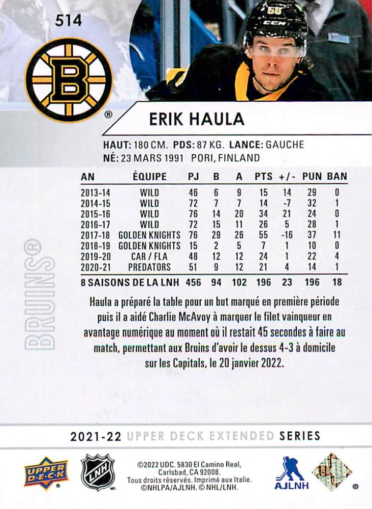 2021-22 UD Extended Series - Erik Haula - French #514