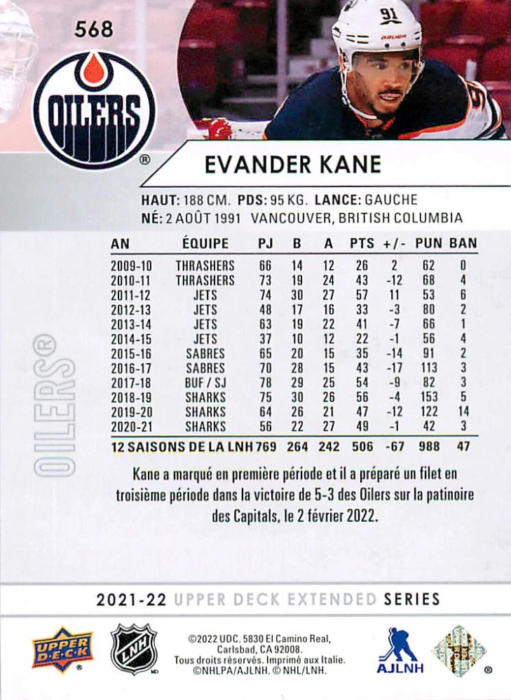 2021-22 UD Extended Series - Evander Kane - French #568