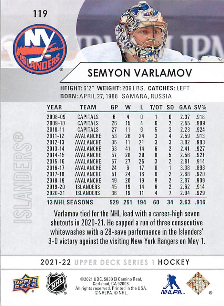 2021-22 UD Series 1 - Semyon Varlamov #119