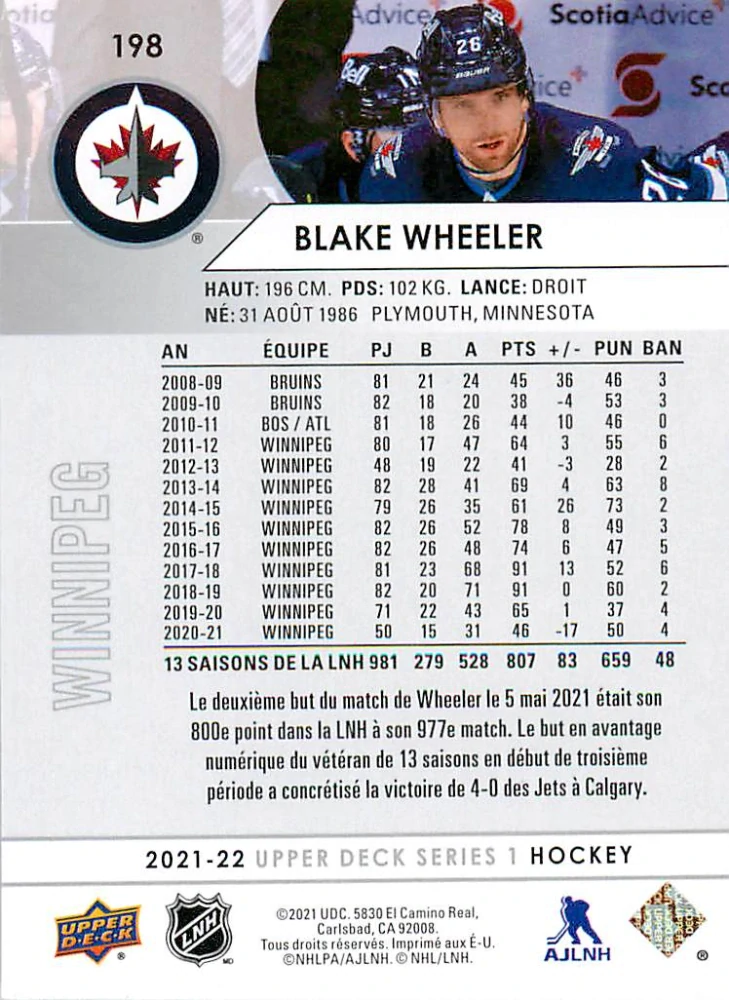 2021-22 UD Series 1 - Blake Wheeler - French #198