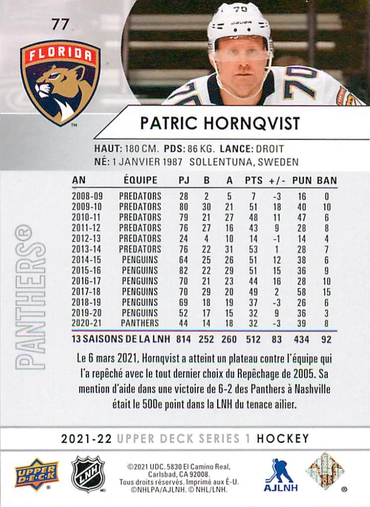 2021-22 UD Series 1 - Patric Hornqvist - French #77