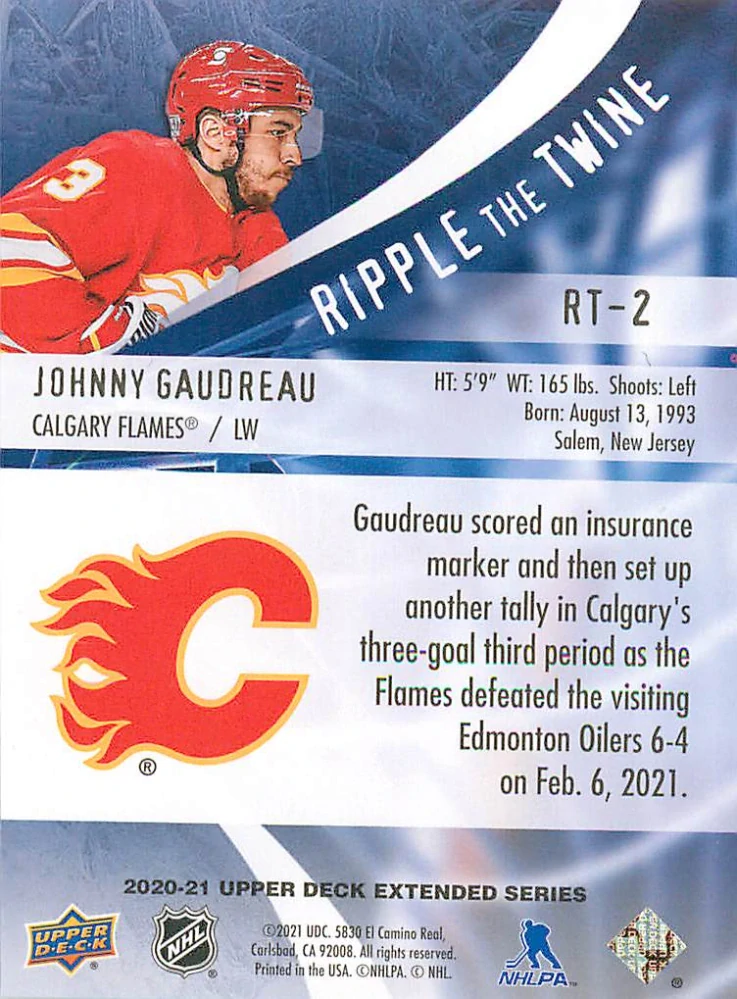 2020-21 UD Extended Series - Johnny Gaudreau - Ripple The Twine #RT-2