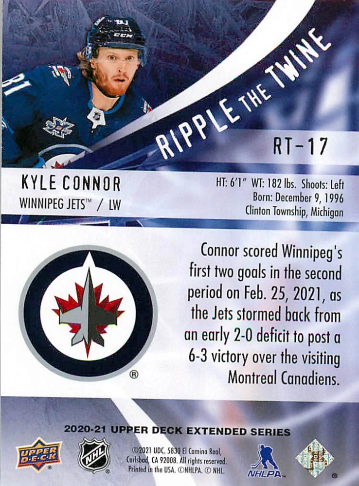 2020-21 UD Extended Series - Kyle Connor - Ripple The Twine #RT-17