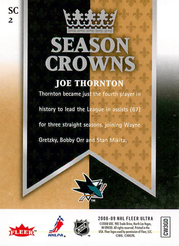 2008-09 Fleer Ultra - Joe Thornton - Season Crowns #SC2