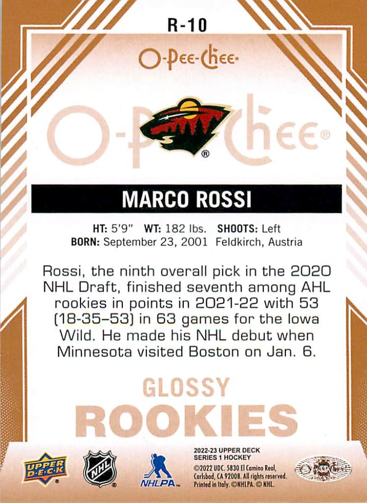 2022-23 UD Series 1 - Marco Rossi - Glossy Rookies Bronze #R-10