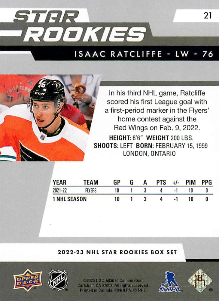 2022-23 UD NHL Star Rookies Box Set - Isaac Ratcliffe #21