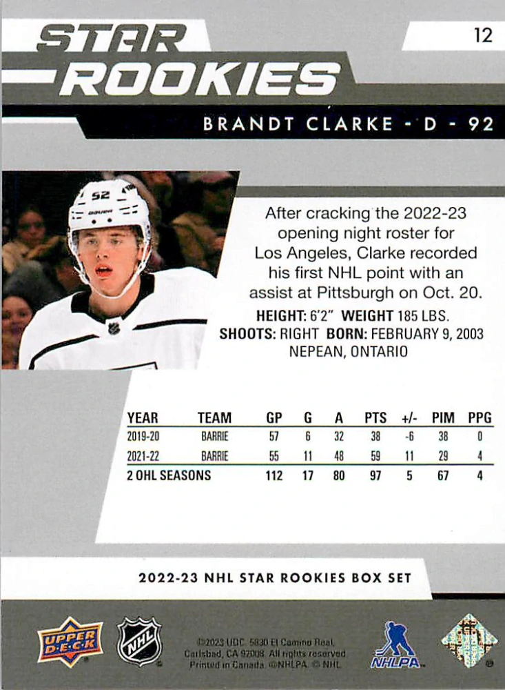 2022-23 UD NHL Star Rookies Box Set - Brandt Clarke #12