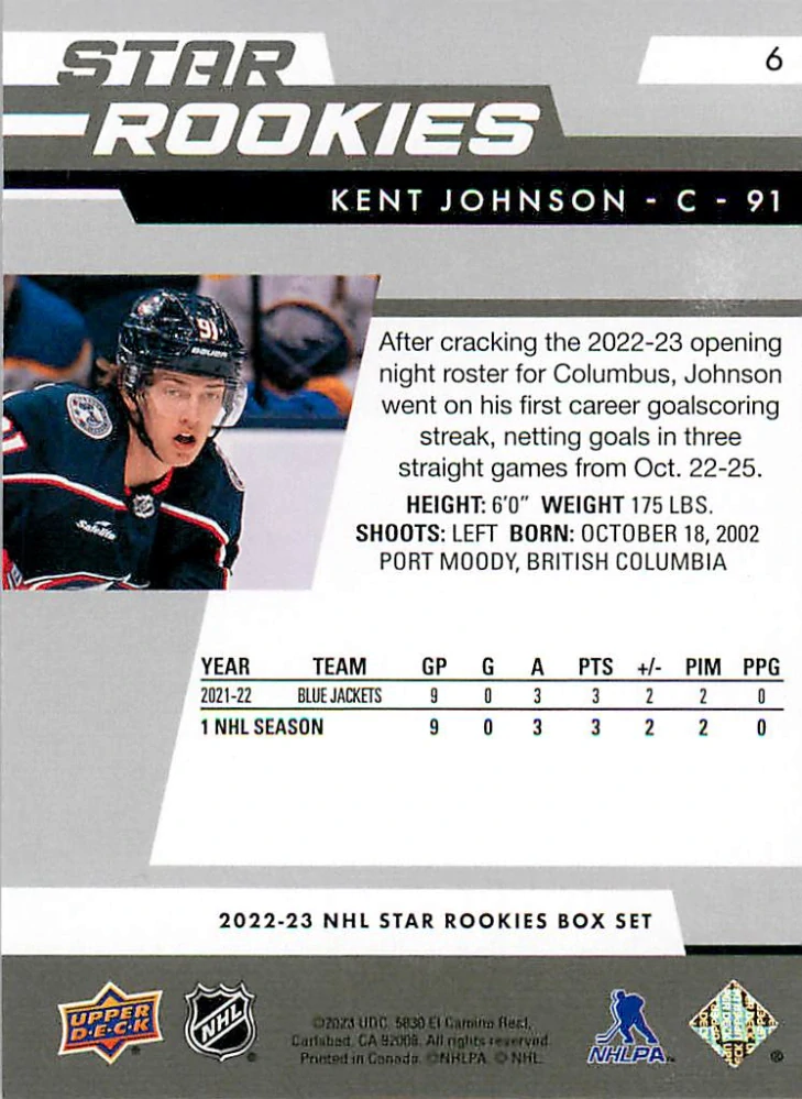 2022-23 UD NHL Star Rookies Box Set - Kent Johnson #6