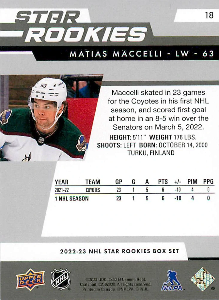 2022-23 UD NHL Star Rookies Box Set - Matias Maccelli #18