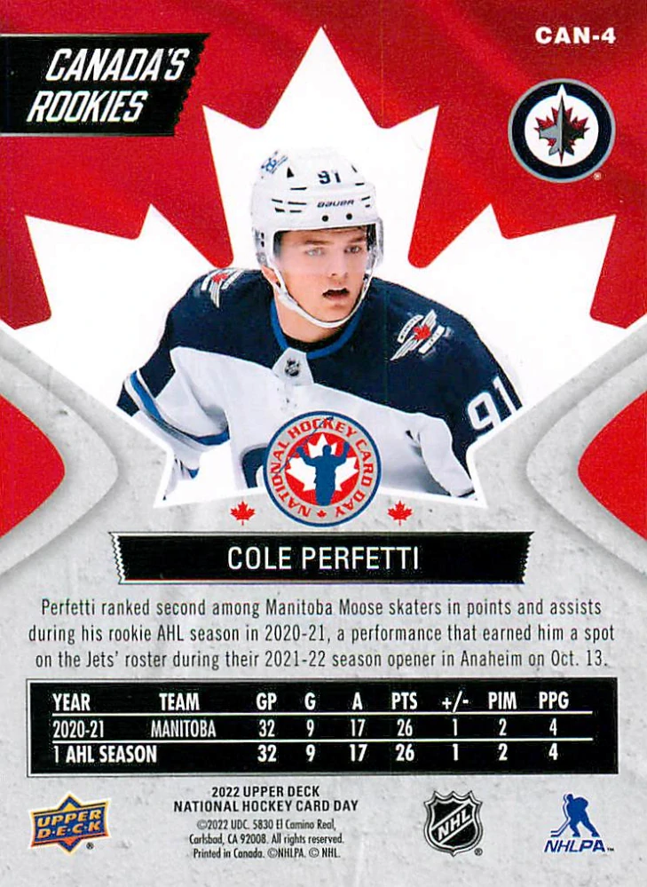 2022 UD National Hockey Card Day - Cole Perfetti - Canada's Rookies #CAN-4