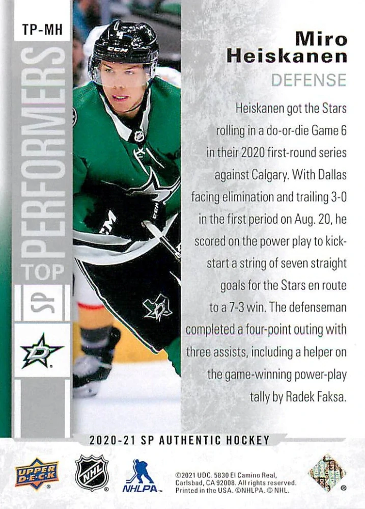 2020-21 UD SP Authentic - Miro Heiskanen - Top Performers #TP-MH