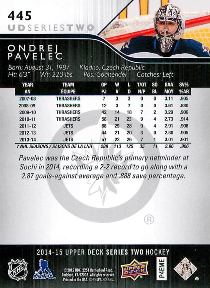 2014-15 UD Series 2 - Ondřej Pavelec #445
