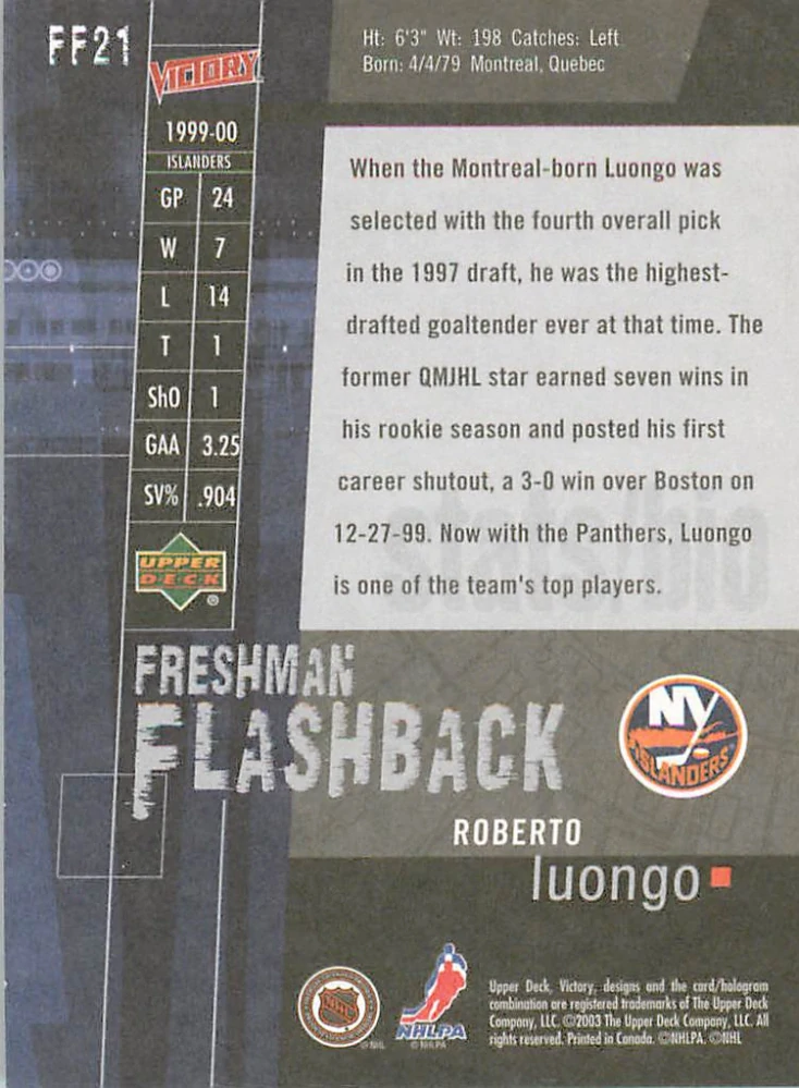 2003-04 UD Victory - Roberto Luongo - Freshman Flashback #FF21