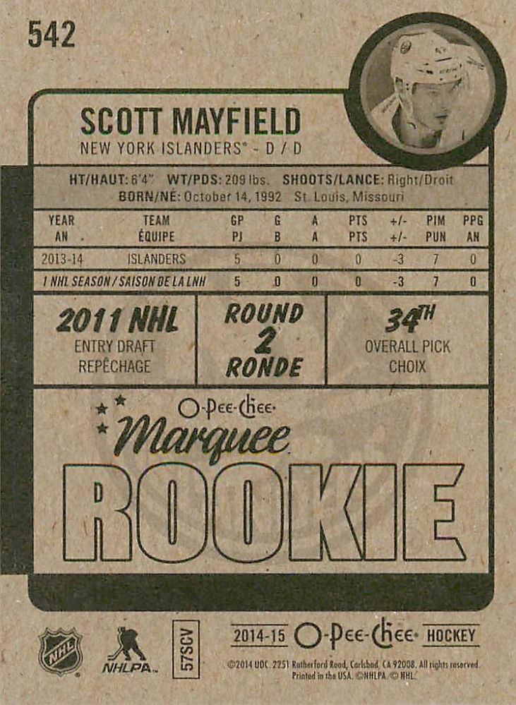 2014-15 UD O-Pee-Chee - Scott Mayfield - Marquee Rookie #542