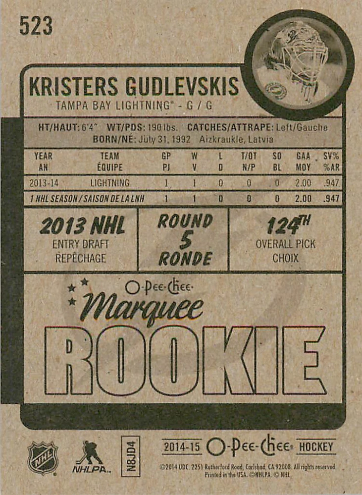 2014-15 UD O-Pee-Chee - Kristers Gudlevskis - Marquee Rookie #523