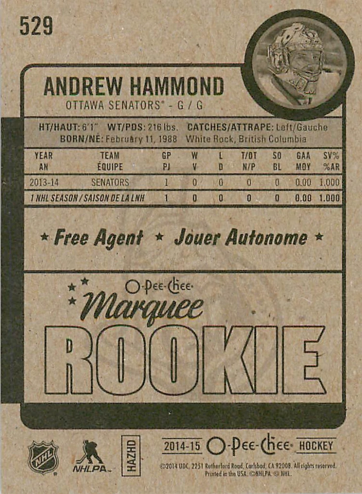 2014-15 UD O-Pee-Chee - Andrew Hammond - Marquee Rookie #529