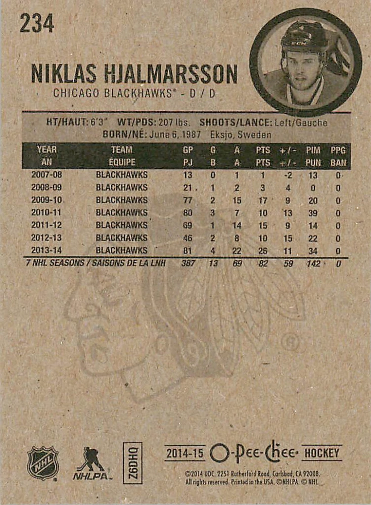 2014-15 UD O-Pee-Chee - Niklas Hjalmarsson #234