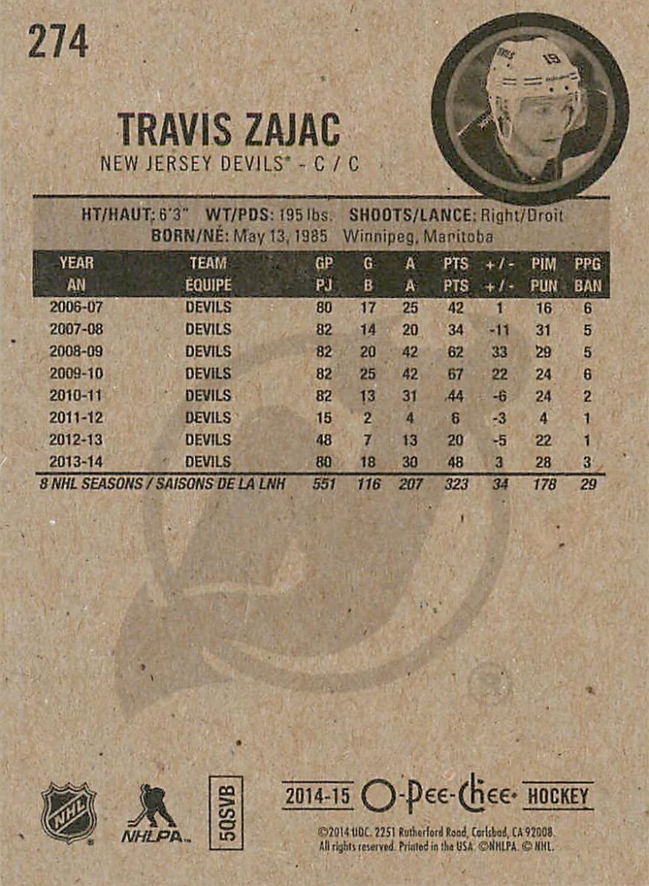 2014-15 UD O-Pee-Chee - Travis Zajac #274