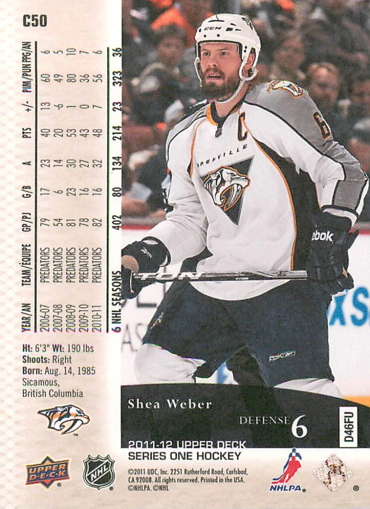 2011-12 UD Series 1 - Shea Weber - Canvas #C50