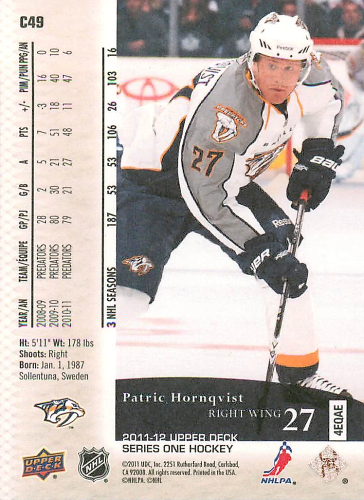2011-12 UD Series 1 - Patric Hornqvist - Canvas #C49