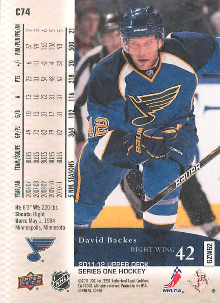 2011-12 UD Series 1 - David Backes - Canvas #C74