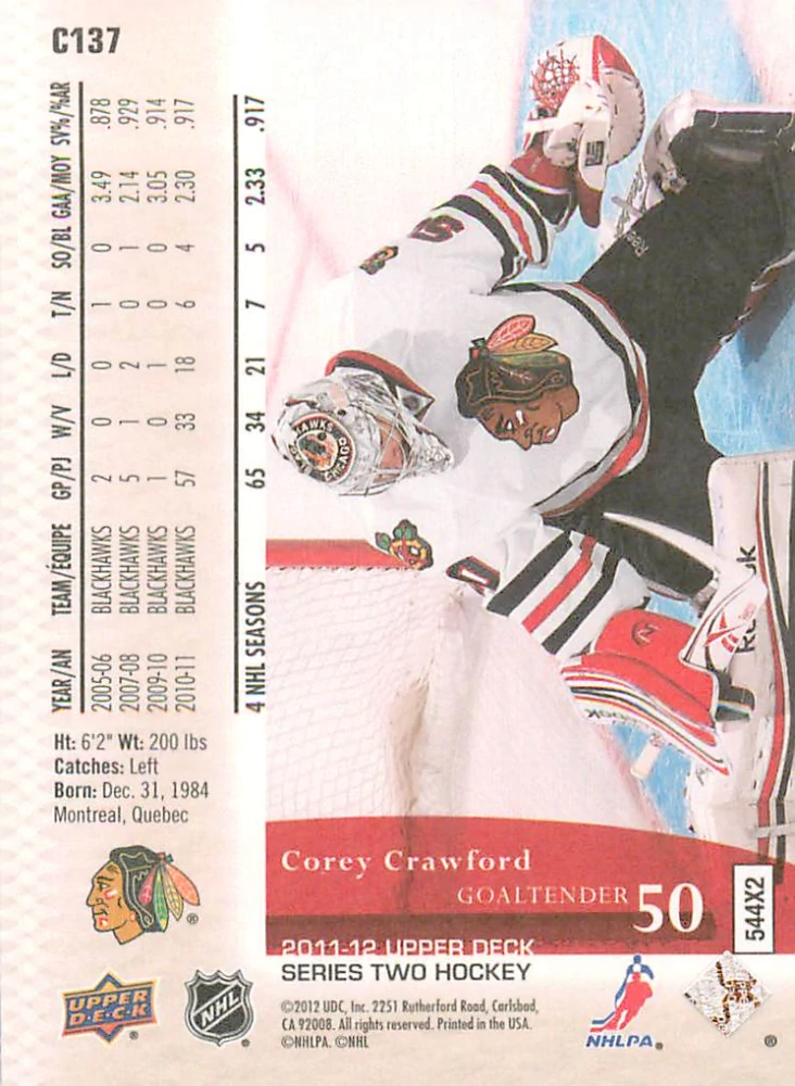 2011-12 UD Series 2 - Corey Crawford - Canvas #C137