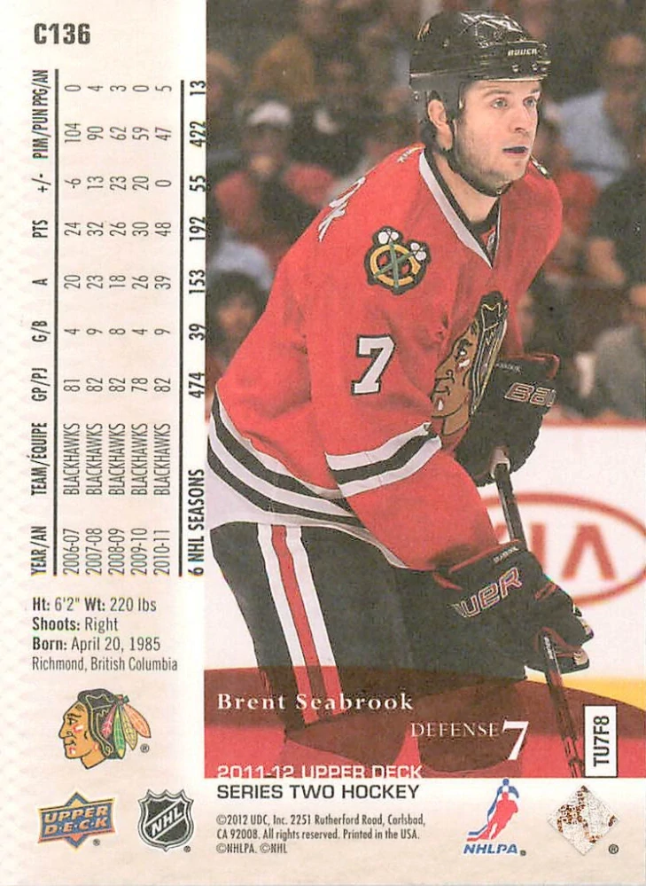 2011-12 UD Series 2 - Brent Seabrook - Canvas #C136