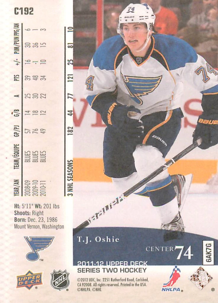 2011-12 UD Series 2 - T.J. Oshie - Canvas #C192
