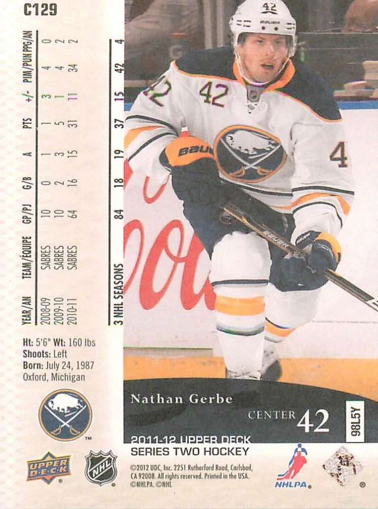 2011-12 UD Series 2 - Nathan Gerbe - Canvas #C129