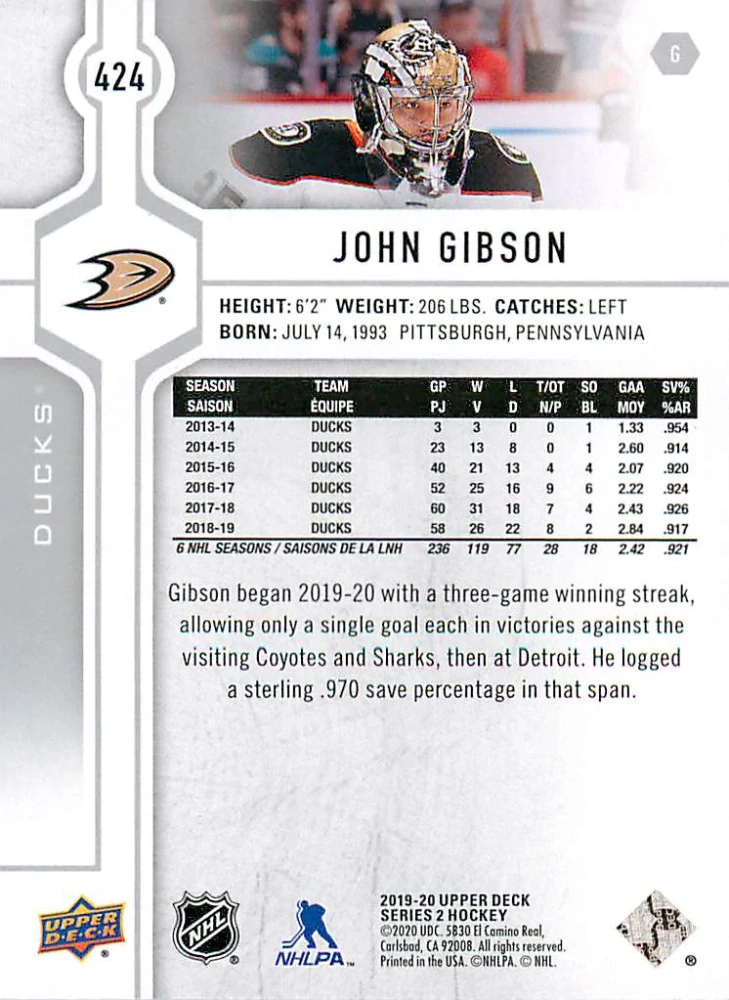 2019-20 UD Series 2 - John Gibson #424