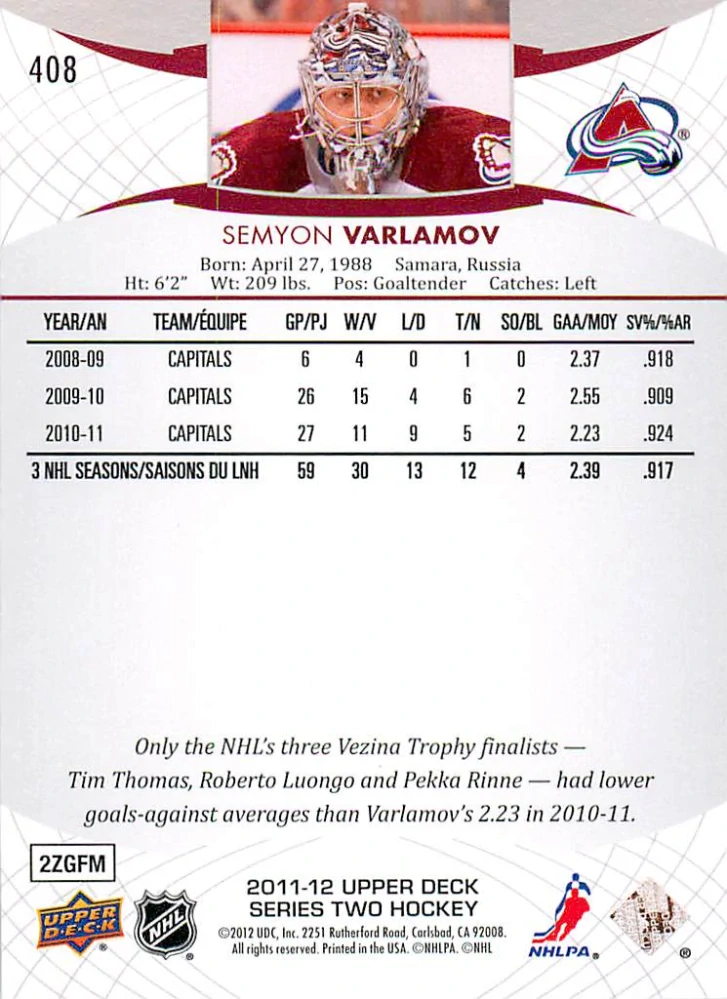 2011-12 UD Series 2 - Semyon Varlamov #408