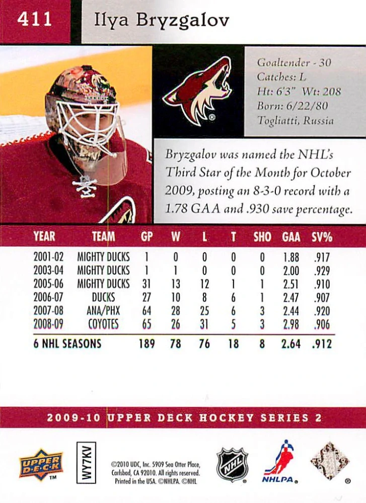 2009-10 UD Series 2 - Ilya Bryzgalov #411