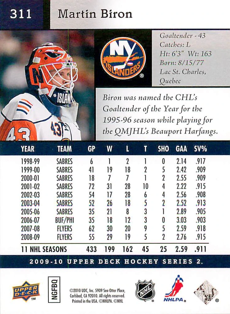 2009-10 UD Series 2 - Martin Biron #311