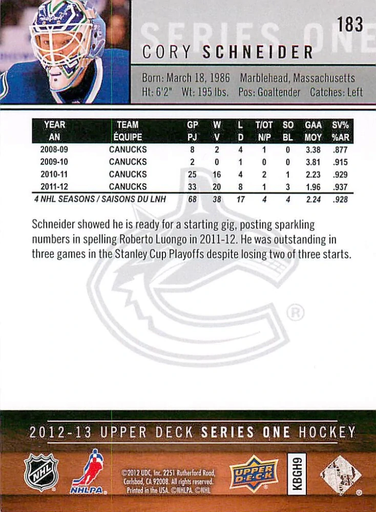 2012-13 UD Series 1 - Cory Schneider #183