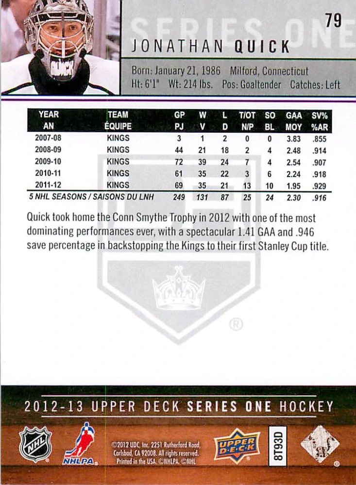 2012-13 UD Series 1 - Jonathan Quick #79