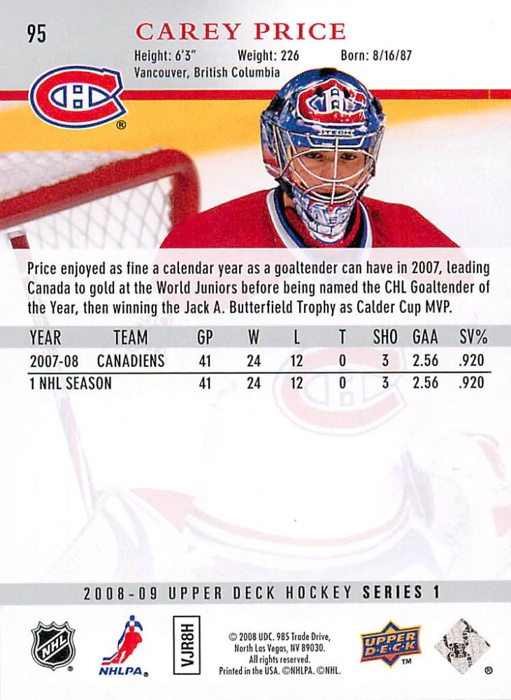 2008-09 UD Series 1 - Carey Price #95
