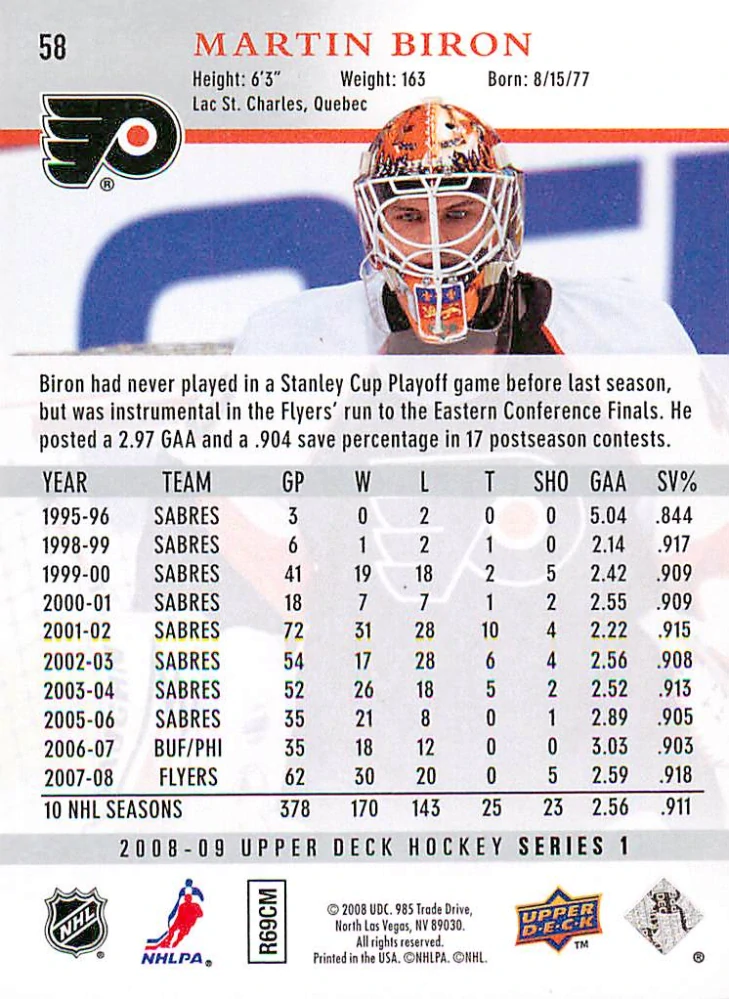 2008-09 UD Series 1 - Martin Biron #58