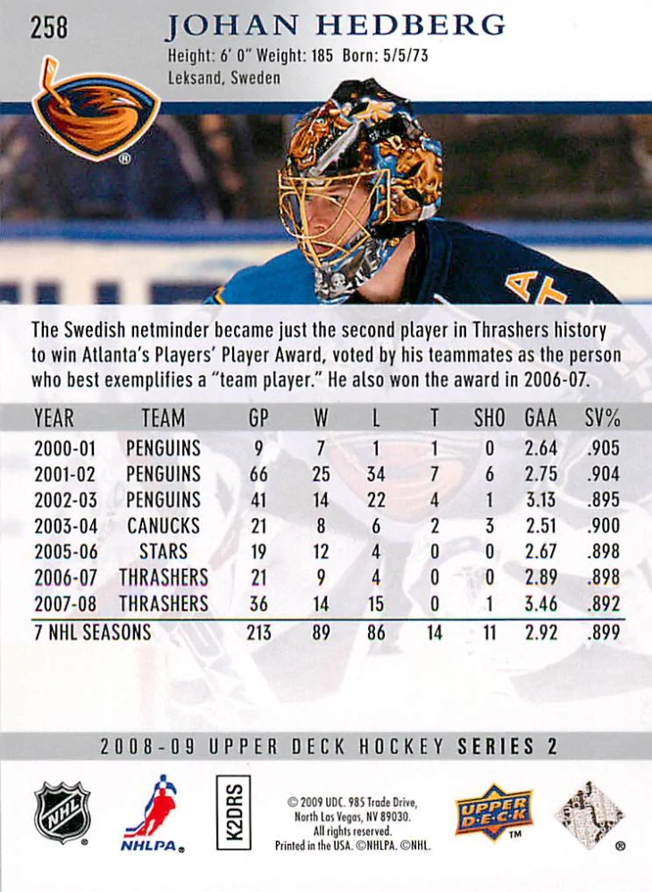 2008-09 UD Series 2 - Johan Hedberg #258