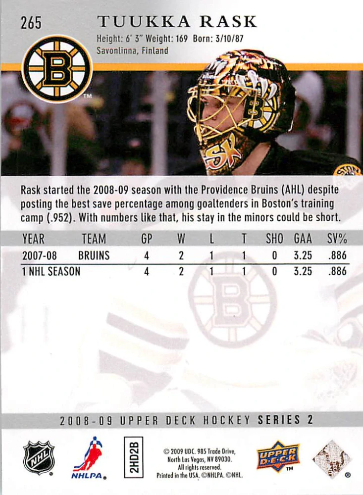2008-09 UD Series 2 - Tuukka Rask #265