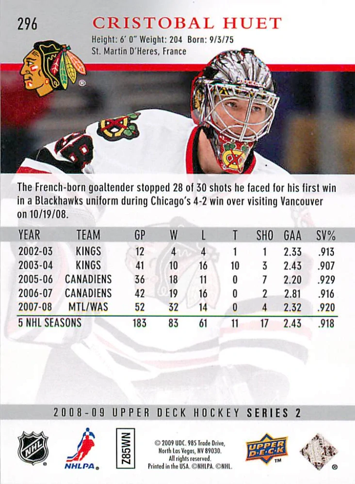 2008-09 UD Series 2 - Cristobal Huet #296