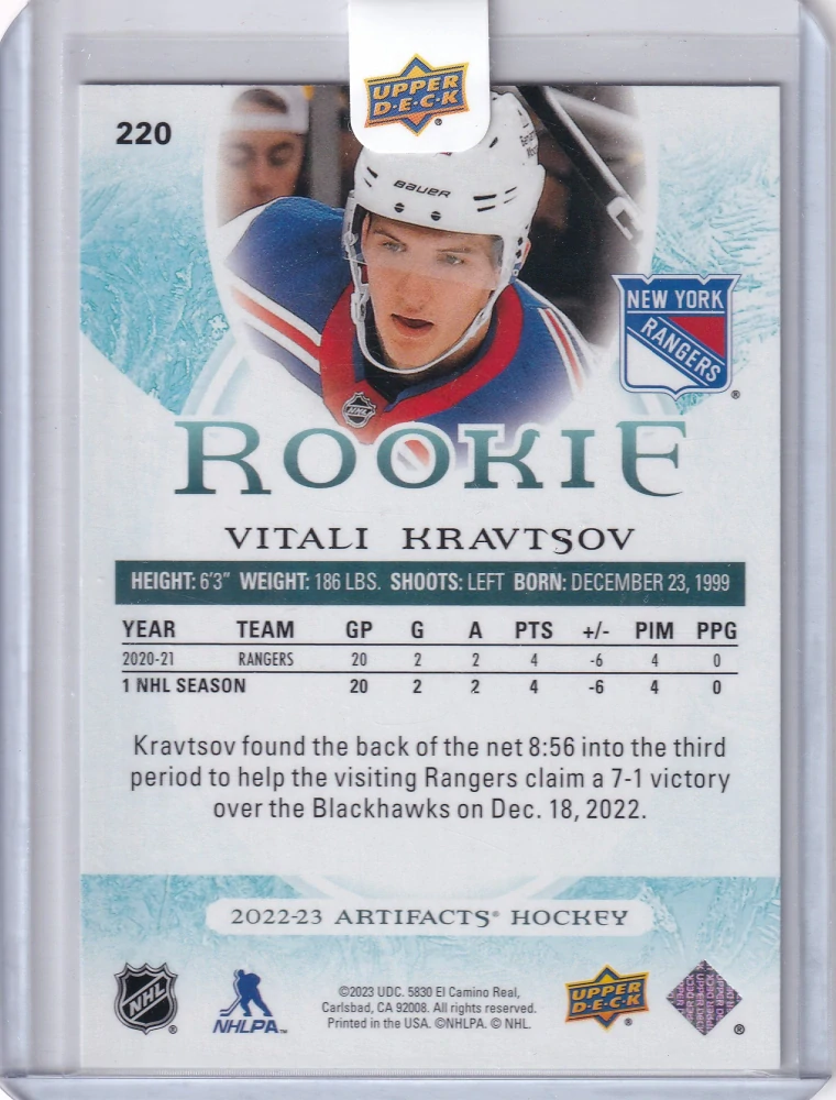 2022-23 UD Artifacts - Vitali Kravtsov - Rookie /999 #220