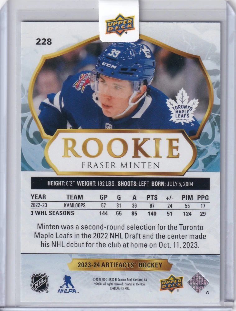 2023-24 UD Artifacts - Fraser Minten - Rookie /999 #228